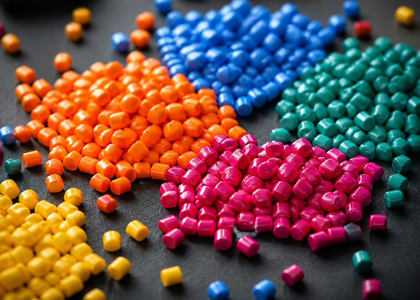 Colour masterbatch granules in orange, blue, teal, pink and yellow